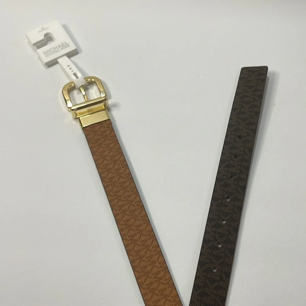 Michael Kors Reversible Women’s Belt Gold Buckle Signature MK Brown & Luggage.